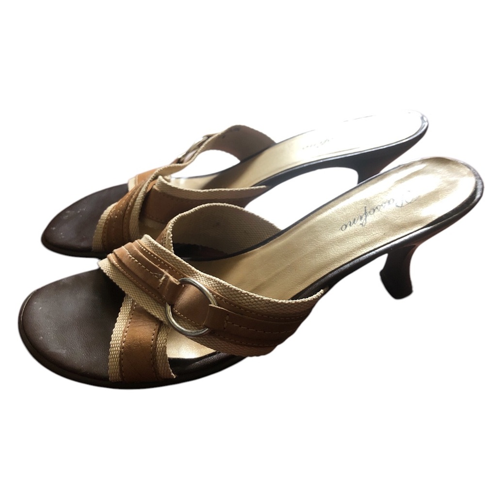 Brown Kitten Heel Sandals with Crisscross Straps